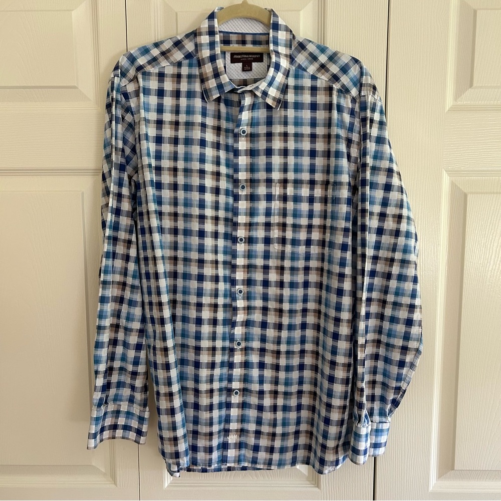 Johnston & Murphy blue and tan check dress shirt - Picture 1 of 8